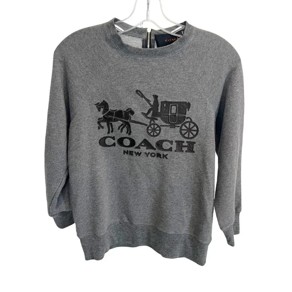 Coach Gray &‎ Brown Leather Applique Logo Sweatshirt Preppy - Womens Size XS